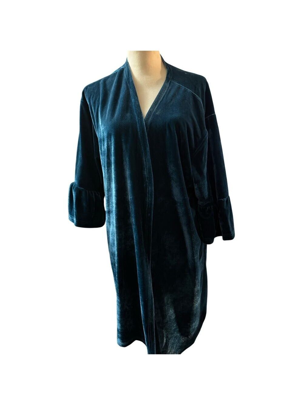 Amaryllis Velvet Open Front Duster, Teal, Ruffle Sleeve Boho, Plus Size 2X/3X